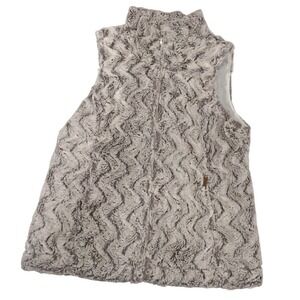 Sport Haley Womens Fuzzy Faux Fur Chevron Gray White Full Zip Mock Neck‎ Vest